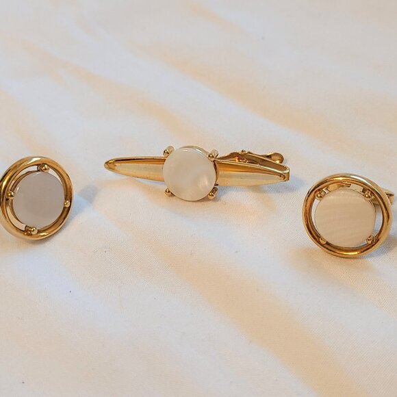 Foster Gold Tone Mother Pearl White Tie Tack Clasp Cufflinks Men Accessories Set - Picture 3 of 9